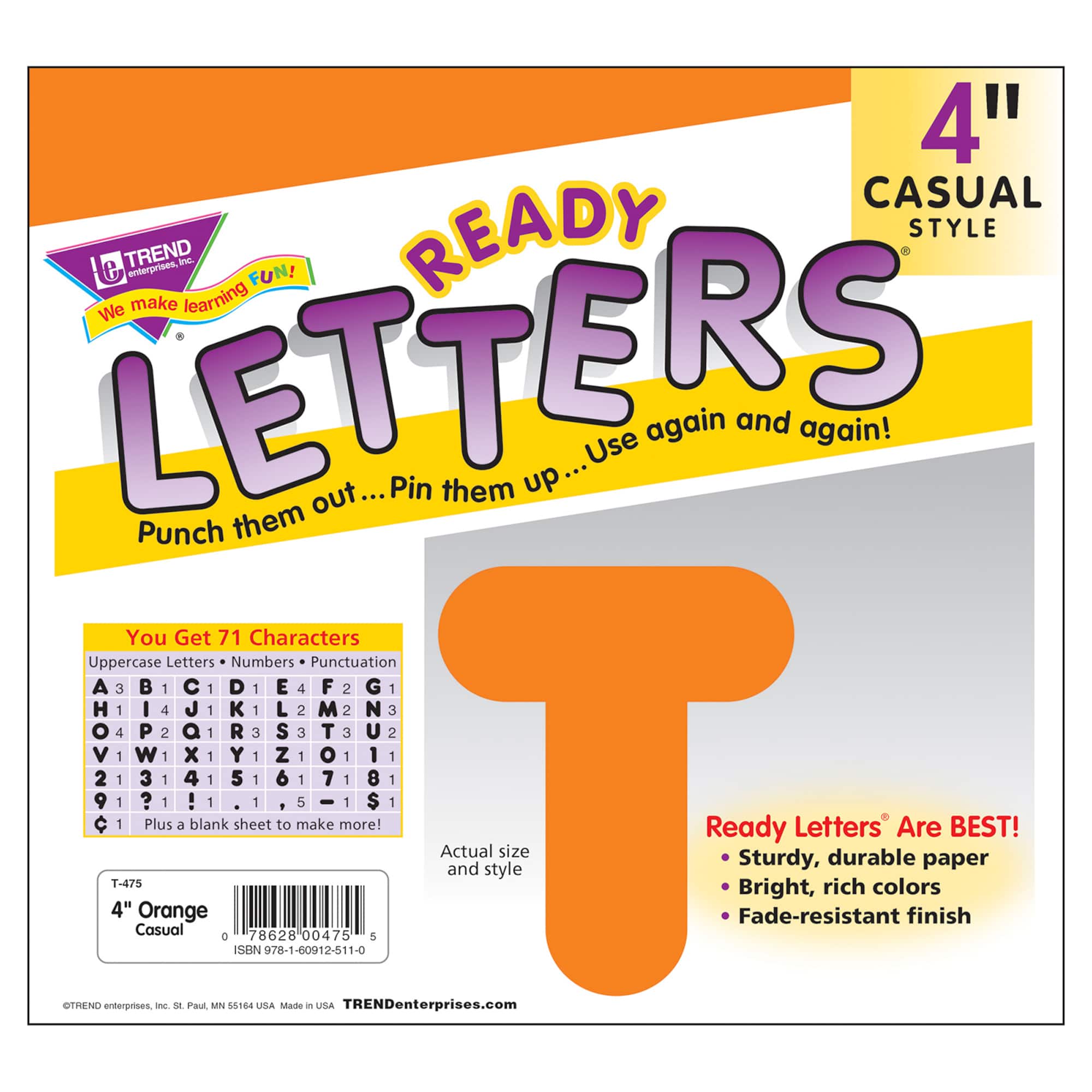 Trend Orange 4" Casual Uppercase Ready Letters®, 6 Pack